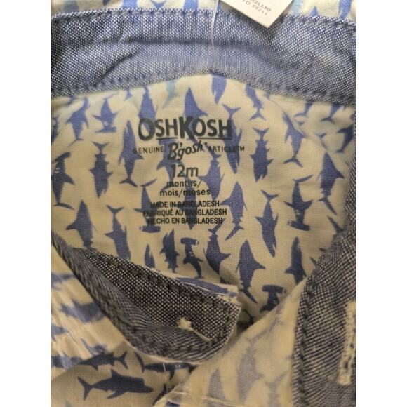 Oshkosh Boys Button Down Collared Shirt Blue White Sharks Size 12 Months 5550 - Picture 4 of 6
